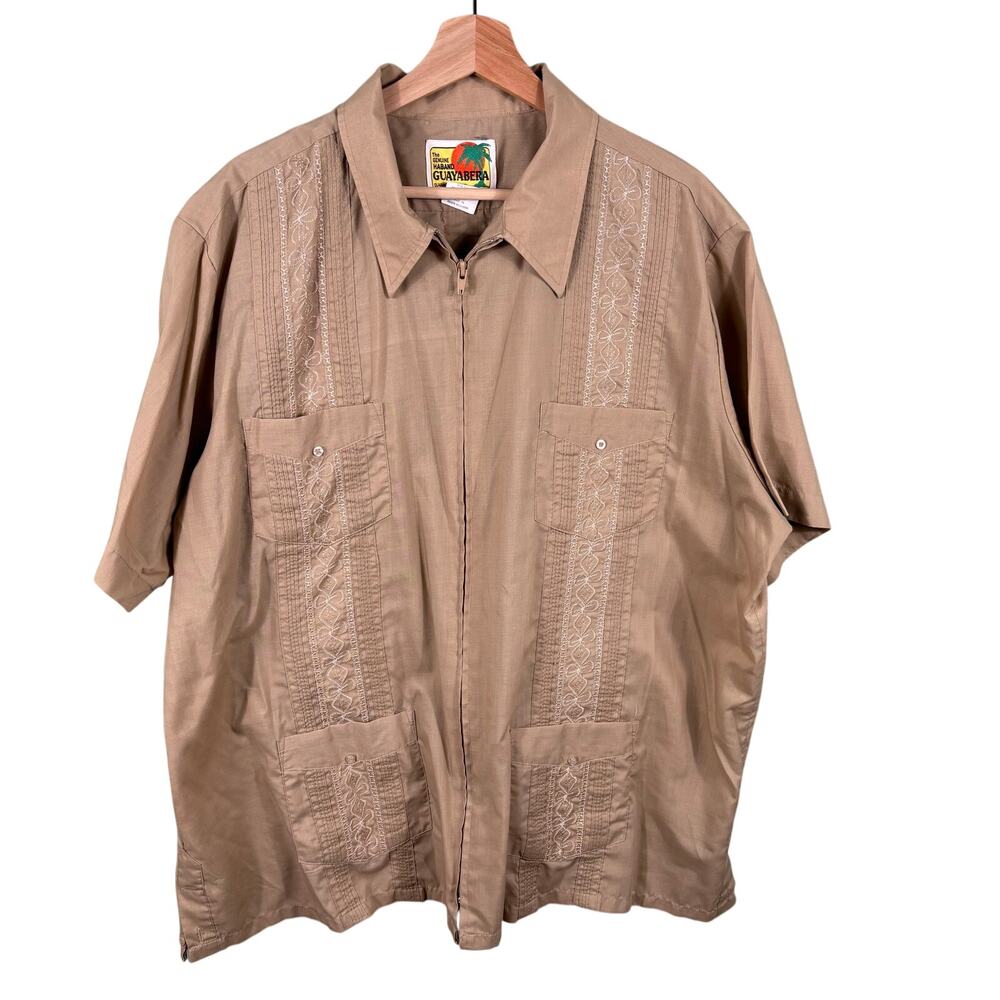 Haband Guayabera Men XL Brown Full Zip Floral Embroider Tropical Caribbean Shirt
